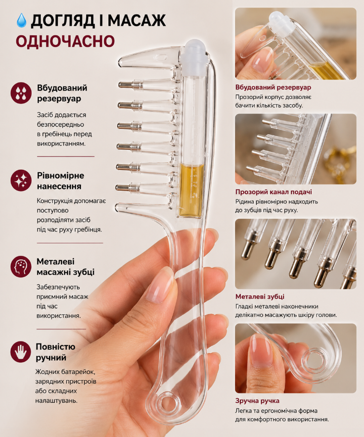 Особливості гребеня — резервуар, металеві зубці, ручка